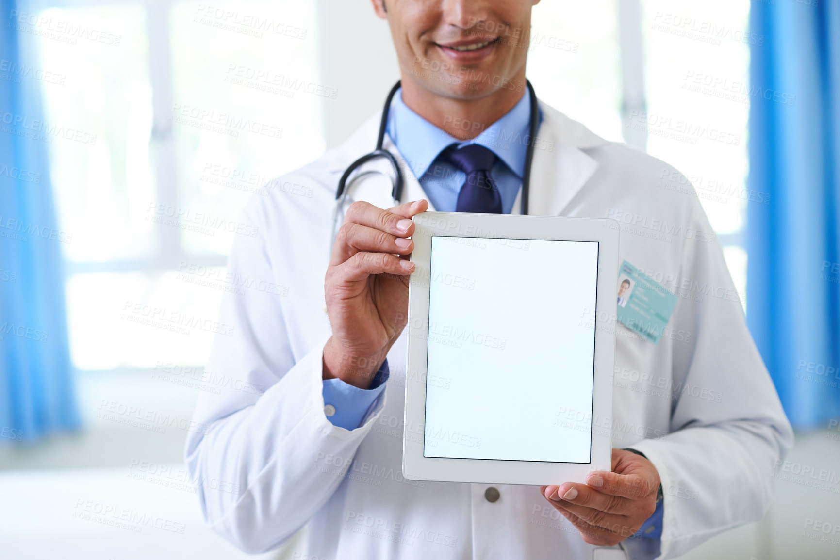 Buy stock photo Hands, healthcare and tablet screen with doctor in hospital closeup for appointment or checkup. Medicine, insurance and mockup space on display with professional in clinic for consulting or diagnosis