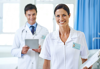 Buy stock photo Checklist, woman and portrait of nurse in hospital for patient care in emergency unit, healthcare and professional. Medical worker, clipboard and happy of career in helping people and insurance.