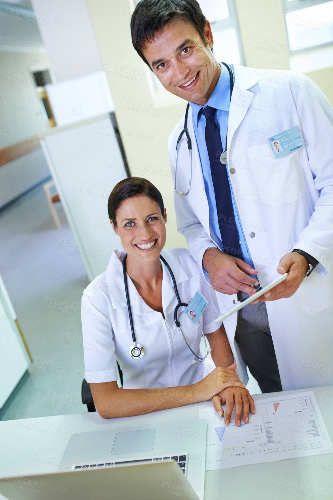 Buy stock photo Doctor, nurse and reception portrait on tablet, discussion and planning for patient schedule in clinic. Medical, healthcare service and people together, teamwork and email results in hospital
