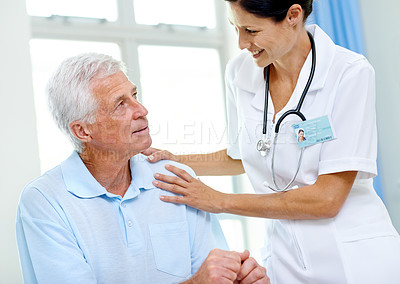 Buy stock photo Help, woman doctor and old man in nursing home for advice, comfort and support at senior care clinic. Retirement hospital, counselling and elderly patient with nurse or professional medical caregiver