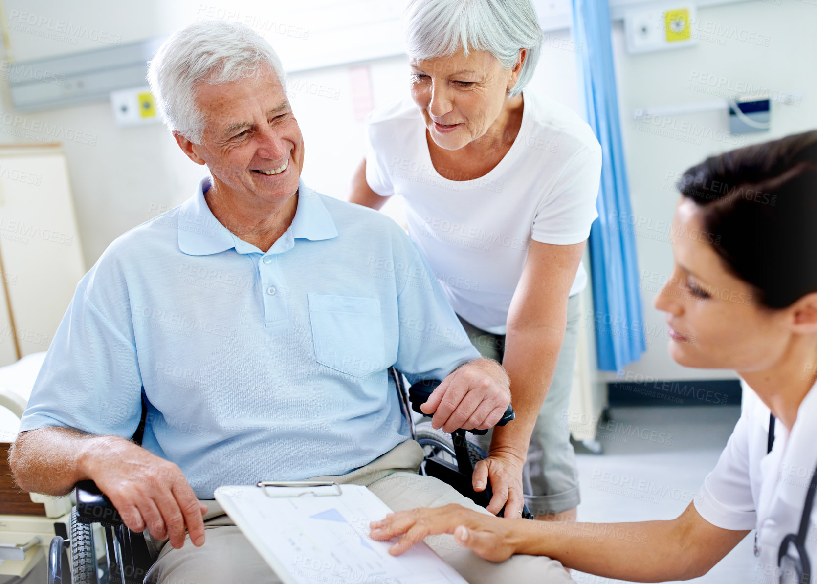 Buy stock photo Clipboard, nurse and old man with disability, smile and communication for results of treatment in clinic. Hospital, medical professional and appointment for healthcare, wheelchair and patient