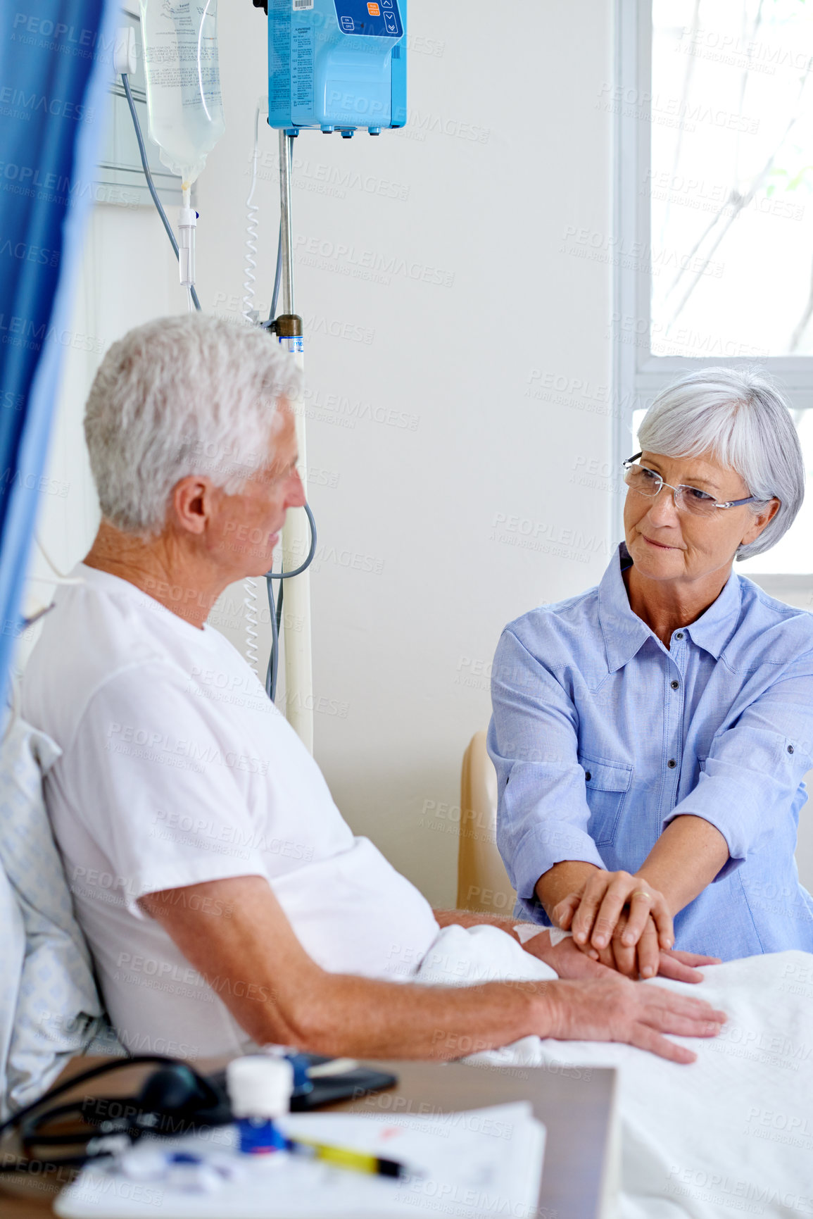 Buy stock photo Senior couple, care and holding hands in hospital for visit, love relationship and empathy. Old man, elderly woman and compassion for medical injury with trust, support and sorry for cancer diagnosis