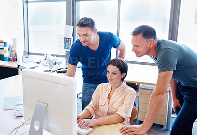 Buy stock photo Office, training and business people on computer for teamwork, startup and planning with search. Technology, desktop and graphic designers in creative agency for collaboration, ideas and productivity