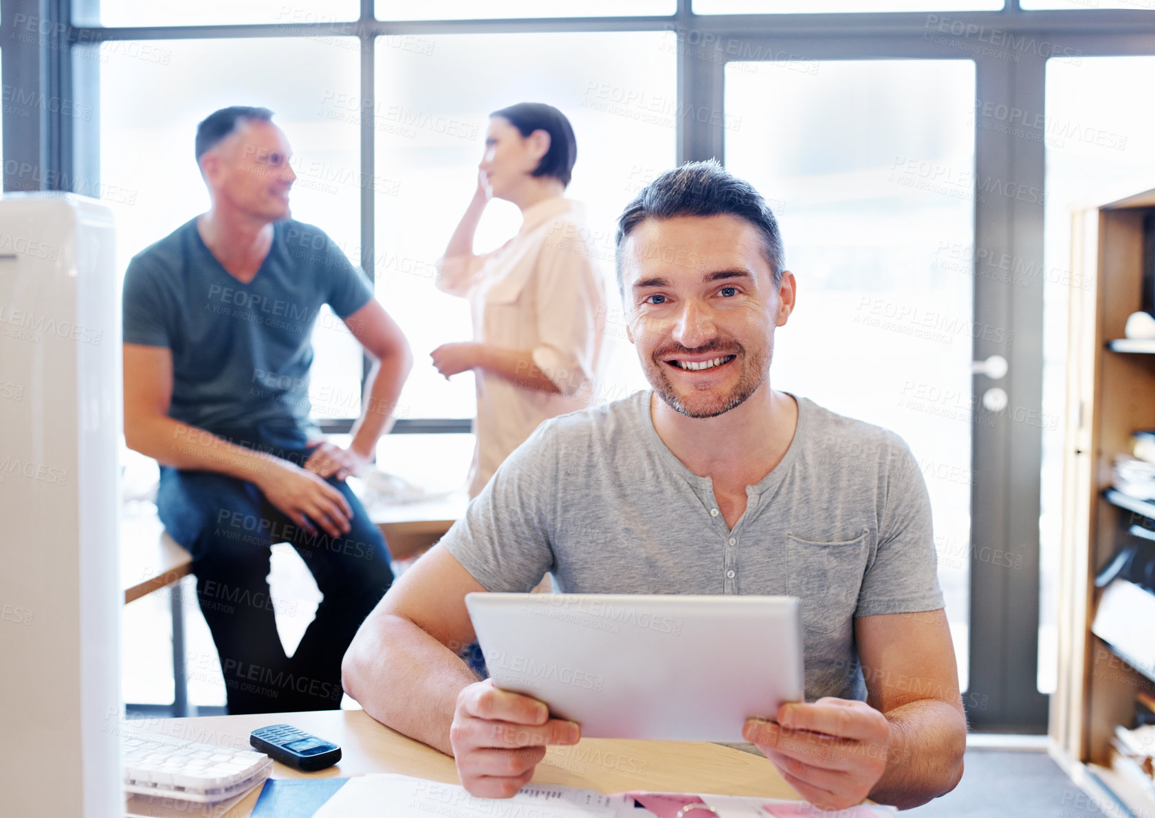 Buy stock photo Portrait, creative agency and businessman with tablet for network, startup or planning for research. Reading, connect or graphic designer in office for information, digital or productivity with pride