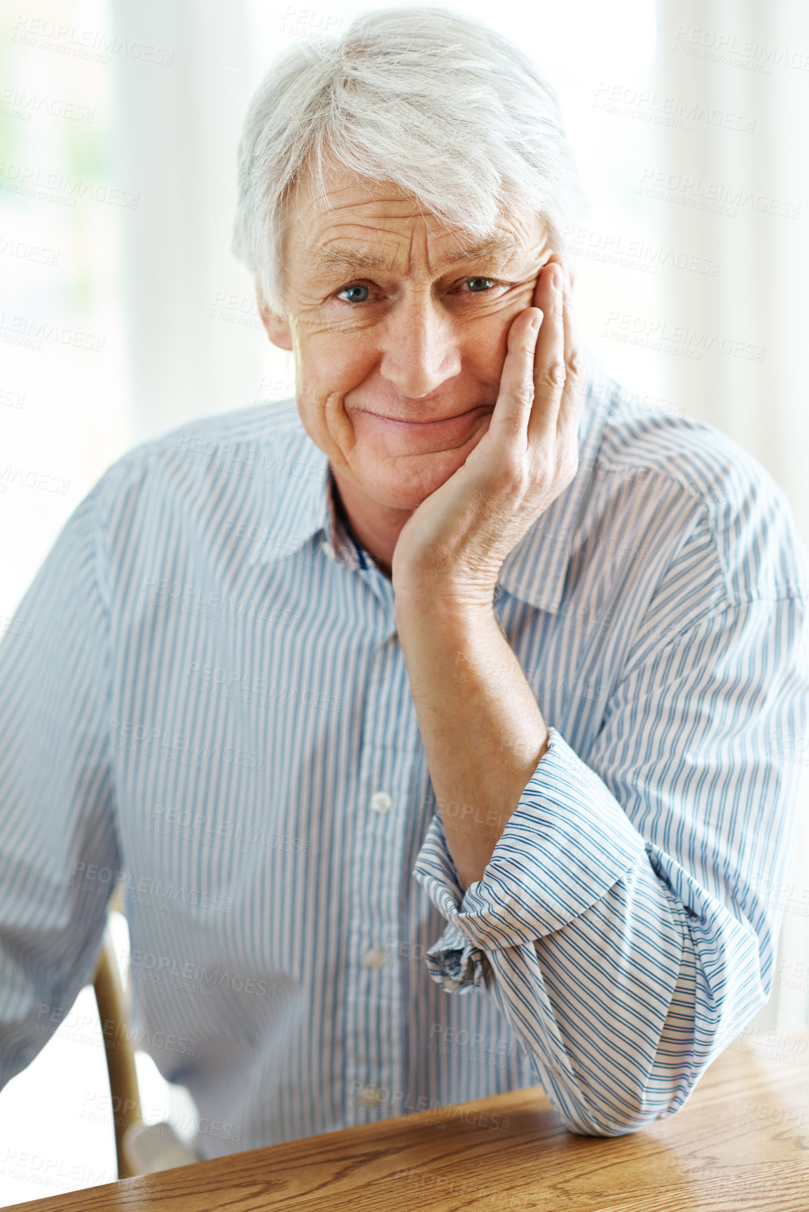 Buy stock photo Portrait, home and thinking with senior man, retirement and relax with thoughts, memory and nostalgia. Face, mature person or pensioner in house, wonder and daydreaming with comfort or rest in lounge