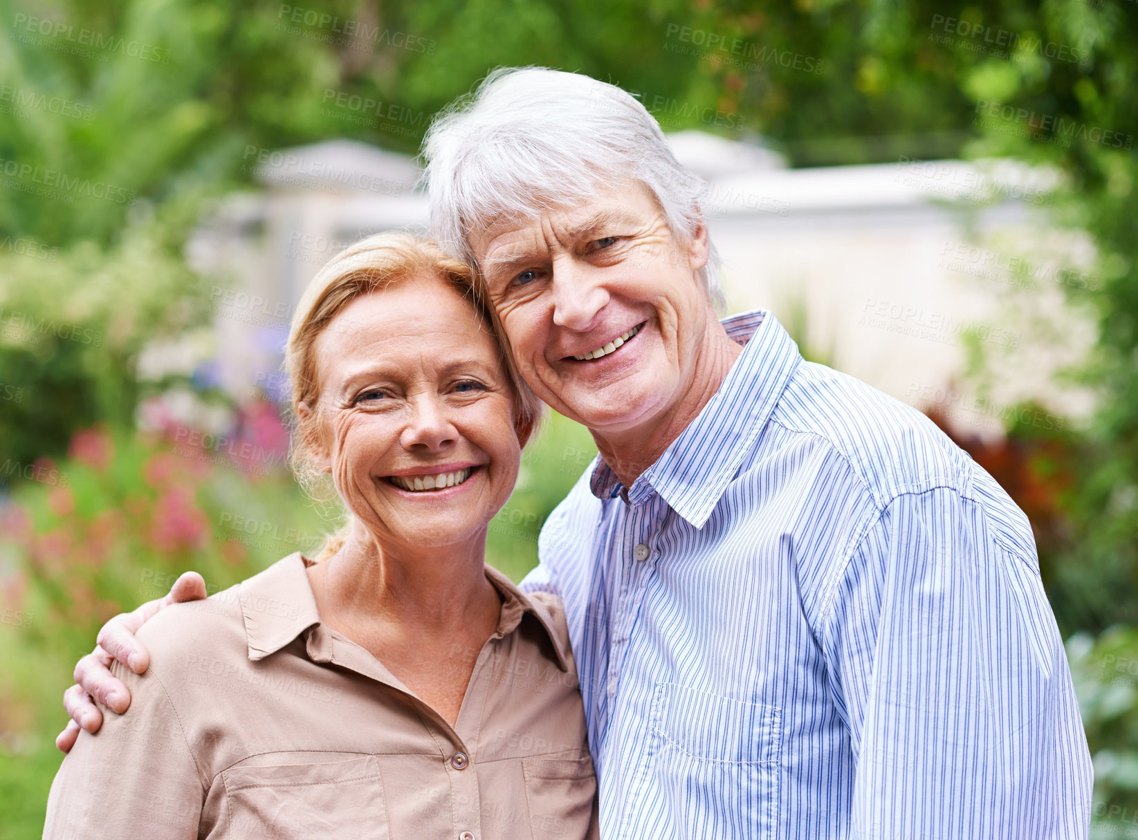 Buy stock photo Portrait, hug or senior couple in park to relax or enjoy bonding together in retirement for peace. Nature, mature woman or happy elderly man on street with love, support or care in quiet neighborhood