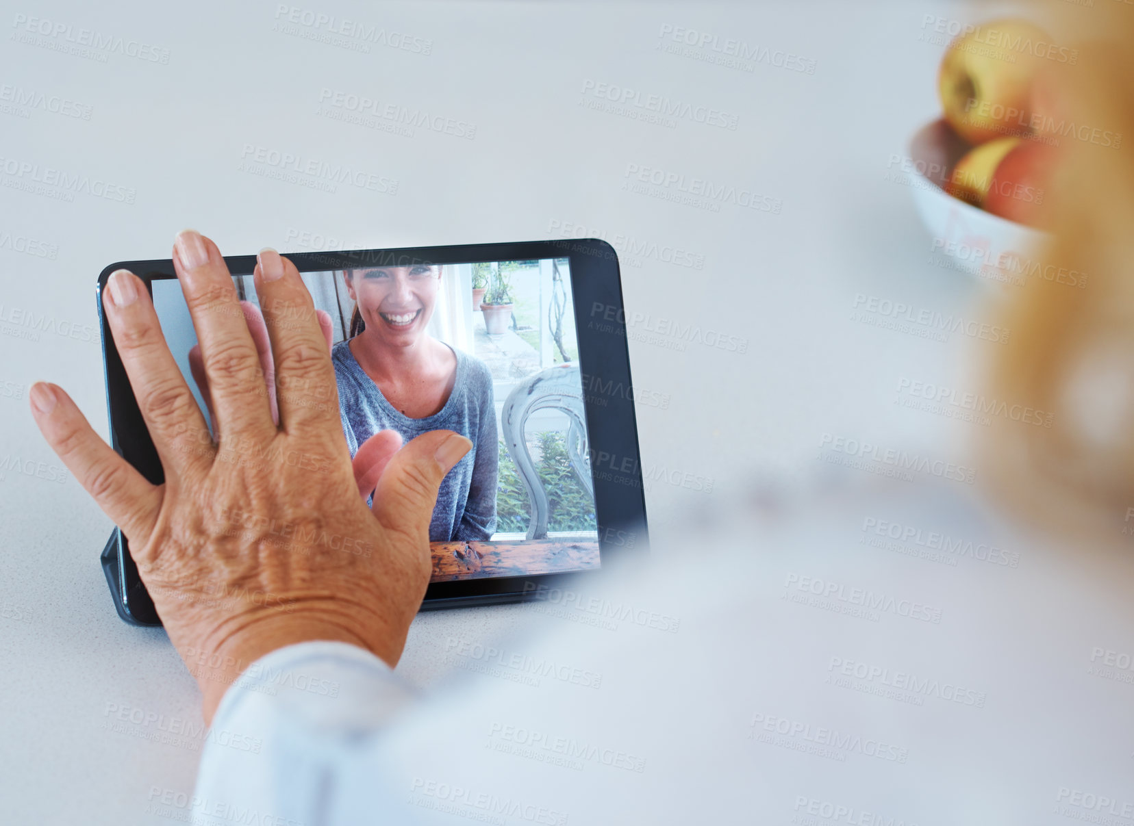 Buy stock photo Hand, senior person and phone screen for video call with family, communication or online service on retirement. Elderly, contact and woman smile for love connection, social media and bonding at house