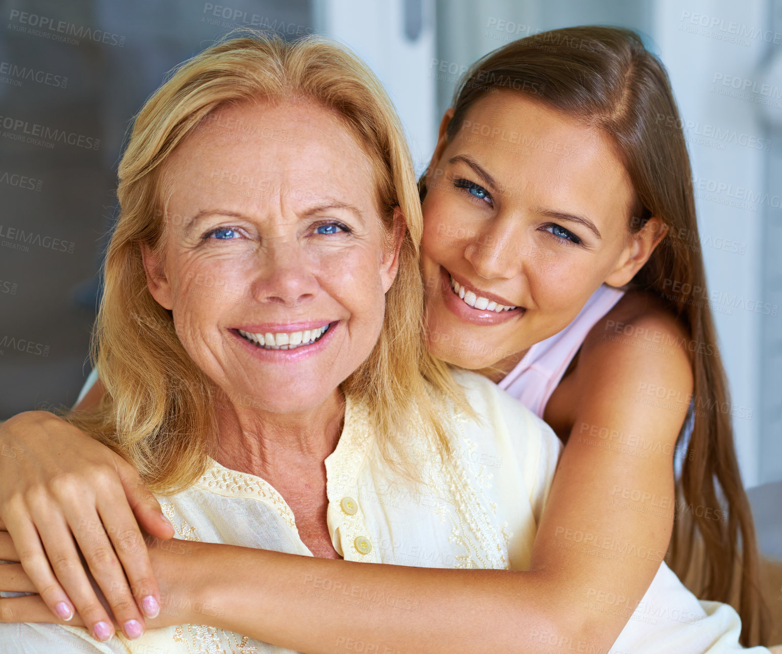 Buy stock photo Portrait, hug and mature mother or family in home for relax, love and trust or happy in living room. Senior woman, smile or person and together in lounge or morning, bonding and relationship