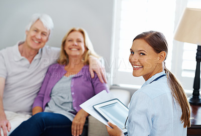 Buy stock photo Old couple, nurse and tablet for healthcare in portrait, helping and online insurance application. People, doctor and medical website for patient results, talk and caregiver consulting in home visit