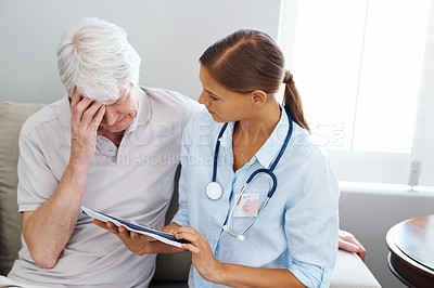 Buy stock photo Senior man, stress and nurse on tablet for results in home visit, sad update and cancer news. Old patient, caregiver and online for medical service planning, surgery discussion and counseling report