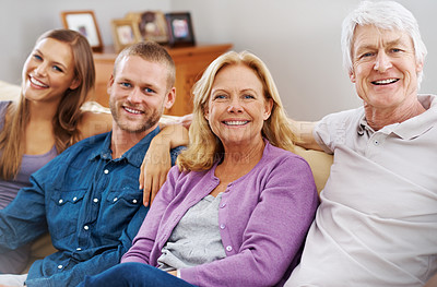 Buy stock photo Smile, family and portrait or together on sofa for support, love and trust or care in home. Woman, man and senior people in lounge or living room for relationship, bonding and happy for retirement