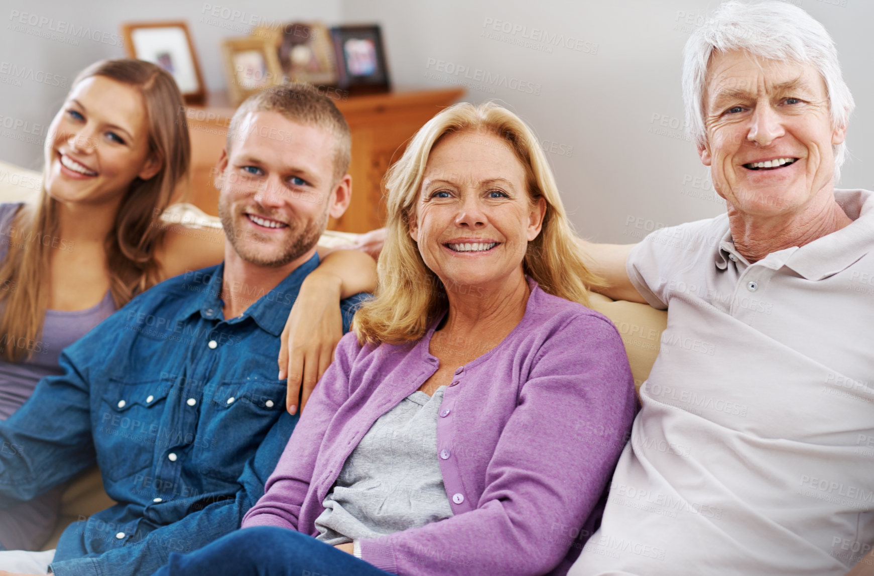 Buy stock photo Smile, family and portrait or together on sofa for support, love and trust or care in home. Woman, man and senior people in lounge or living room for relationship, bonding and happy for retirement