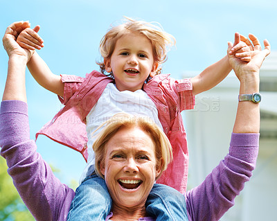 Buy stock photo Happy, portrait and piggyback with grandmother and grandson for smile, fun and together. Care, weekend and generations with face of old woman and young child for family, love and happiness