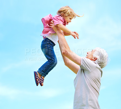 Buy stock photo Fun, lifting and playful with grandfather and grandson for bonding, affectionate and free time. Love, smile and playing with old man and boy for family and generations on blue sky mockup space