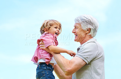 Buy stock photo Smile, lifting and playful with grandfather and grandson for bonding, affectionate and free time. Happiness, fun and playing with old man and young boy for family and blue sky with mockup space