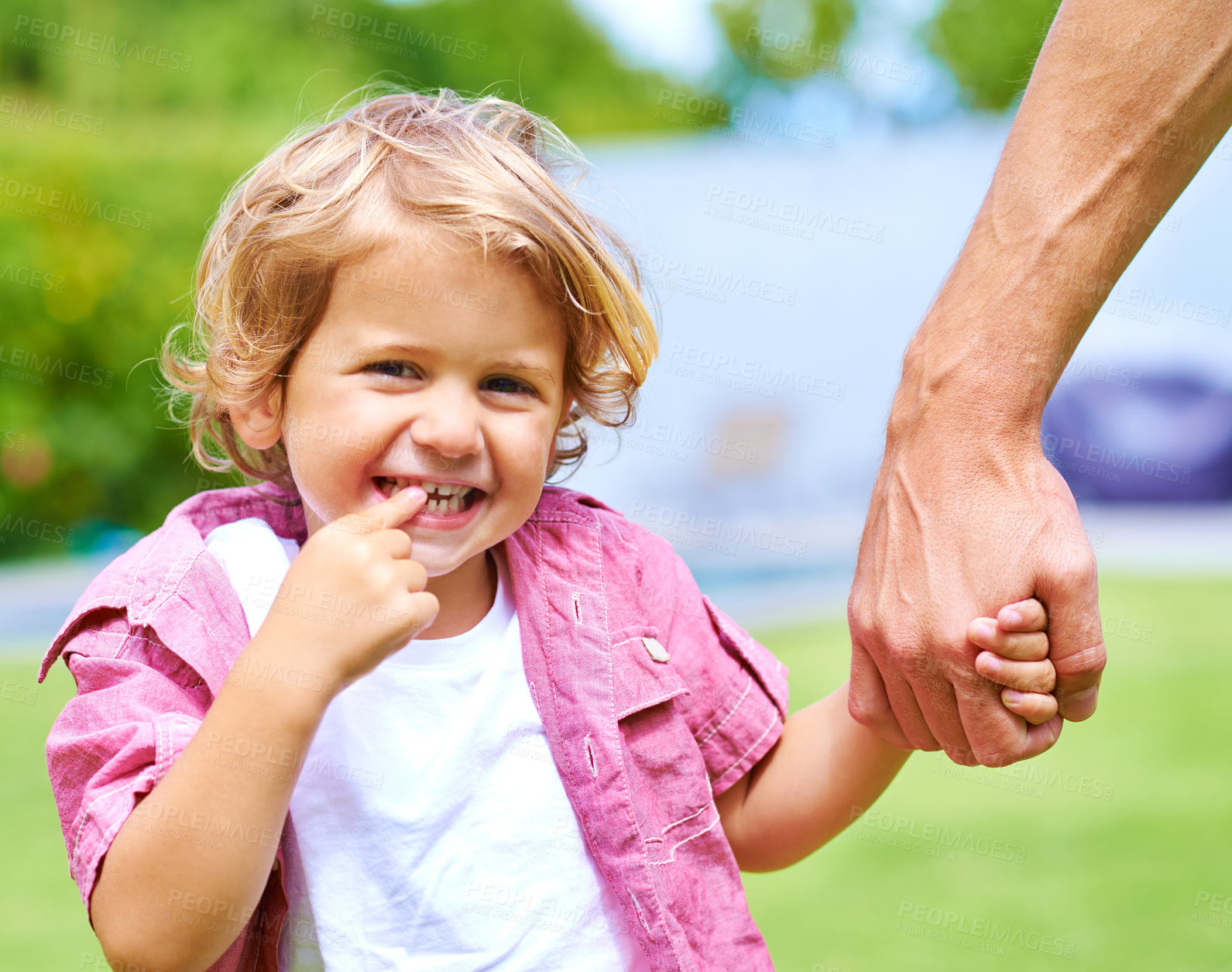 Buy stock photo Holding hands, single parent or child in park for portrait, love or bonding together for walking or care. Father, happy boy or guardian in nature for support or wellness with smile, growth or kid