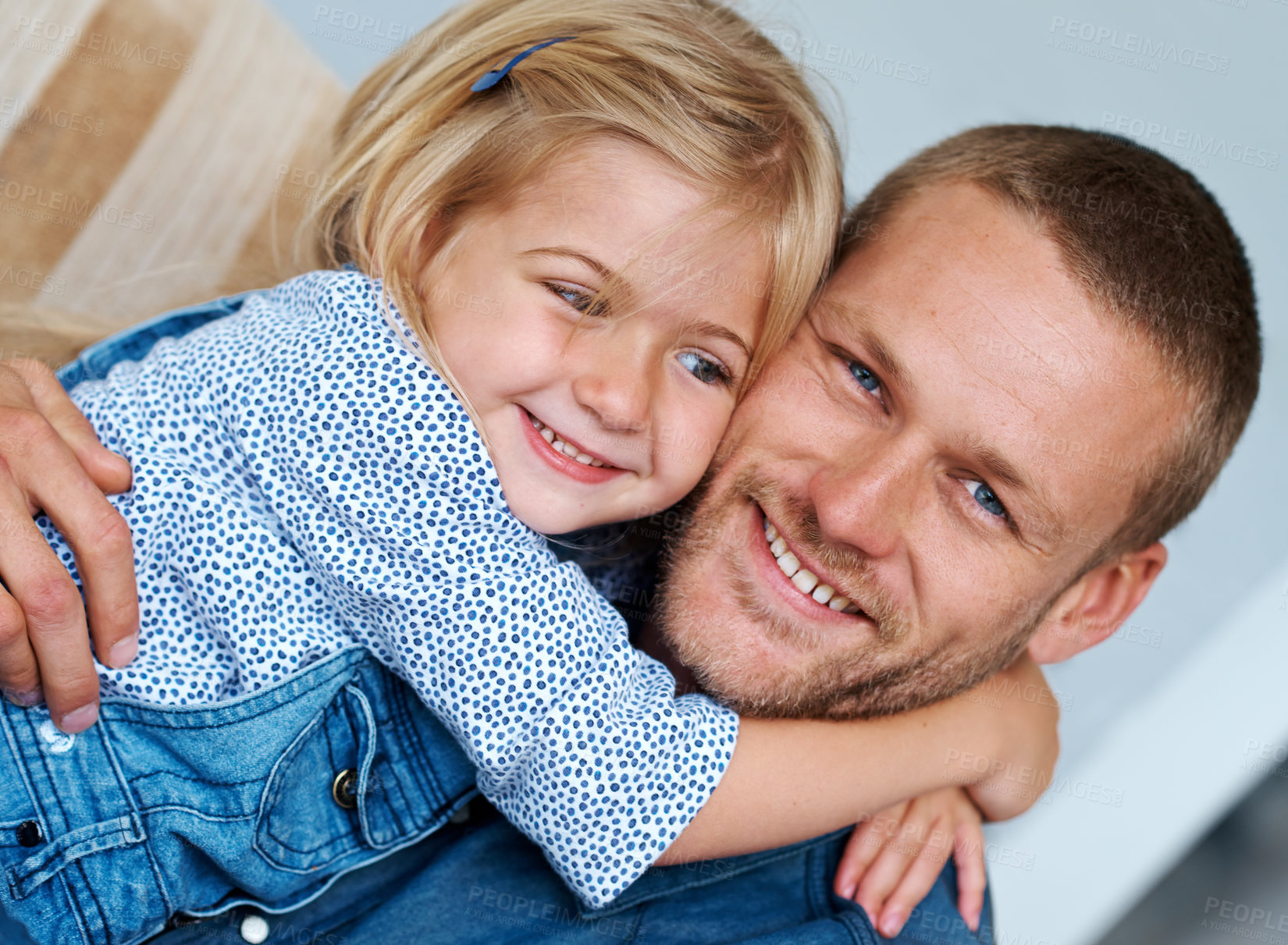 Buy stock photo Portrait, dad and girl toddler in home for hug, love or care to relax together with single parent or wellness. Happy, face or father in family house with support, fun and smile with kid or daughter