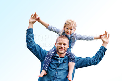 Buy stock photo Carry on shoulders, sky or portrait of happy girl with dad, love or care to relax together for single parent. Holding hands, nature or father with piggyback, family support or smile with kid or child