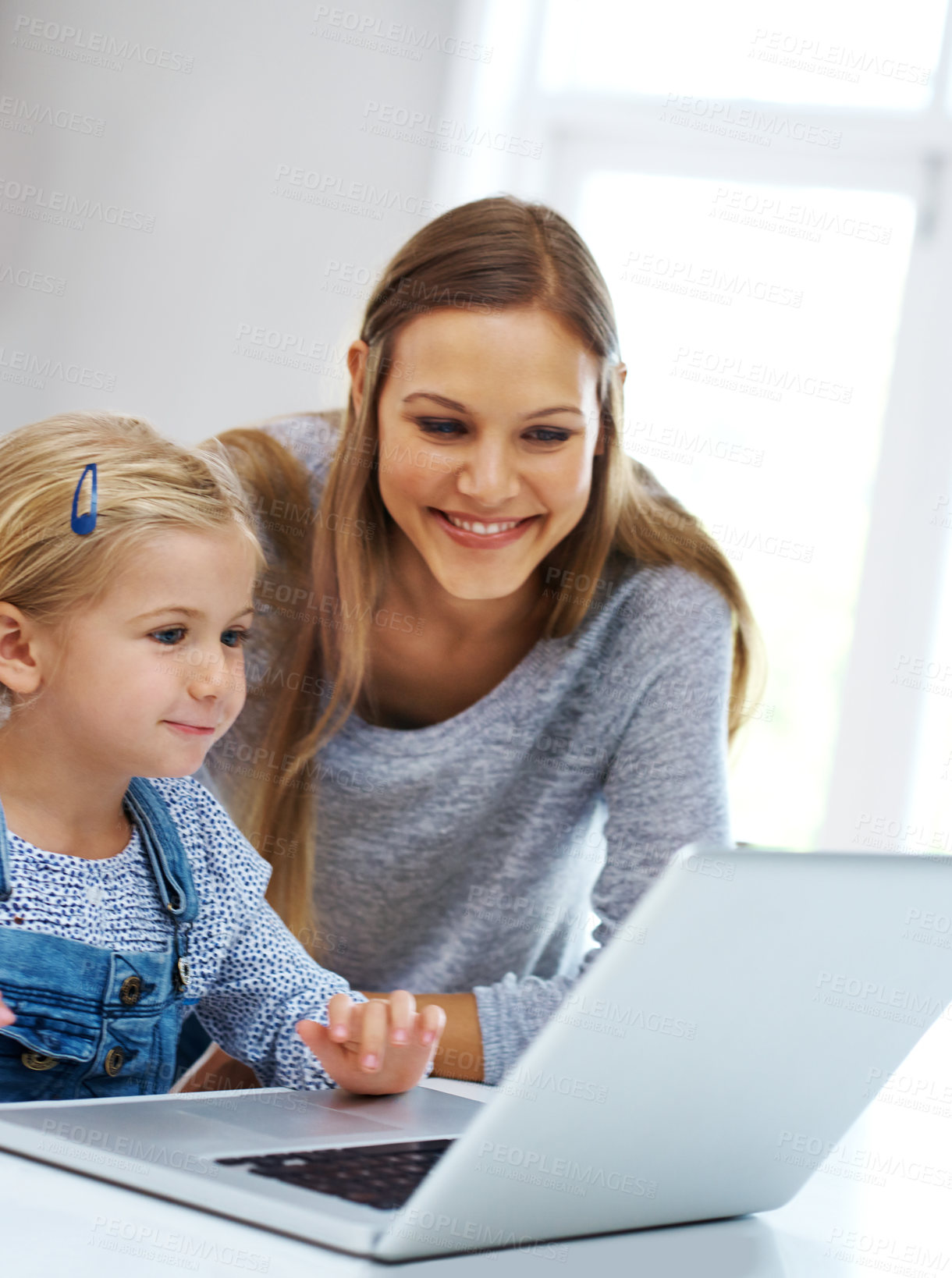 Buy stock photo Mom, girl or child on laptop for online class, remote education or e learning for social media skills. Home school, support or kid student typing on technology on teaching platform with happy mother 