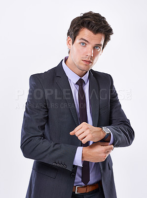 Buy stock photo Business man, gentleman and studio portrait with serious face, ambition or mindset on white background. Entrepreneur, financial advisor and suit for corporate fashion with professional style