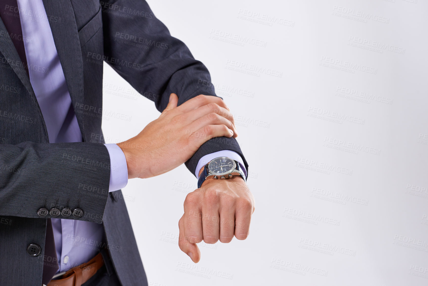 Buy stock photo Hands, business and man with time on watch in studio for schedule management, meeting reminder and late. Professional, person and check clock for appointment, deadline update and white background