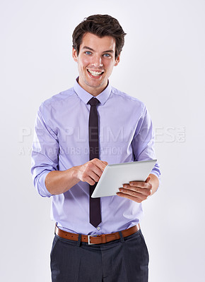 Buy stock photo Tablet, portrait and businessman smile for online research, website review and social media in studio. White background, corporate and worker on digital technology for email, internet or networking