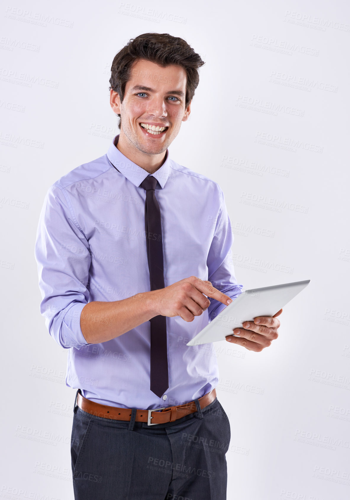 Buy stock photo Tablet, portrait and businessman smile for research online, website review and social media in studio. White background, corporate and worker on digital technology for email, internet or networking
