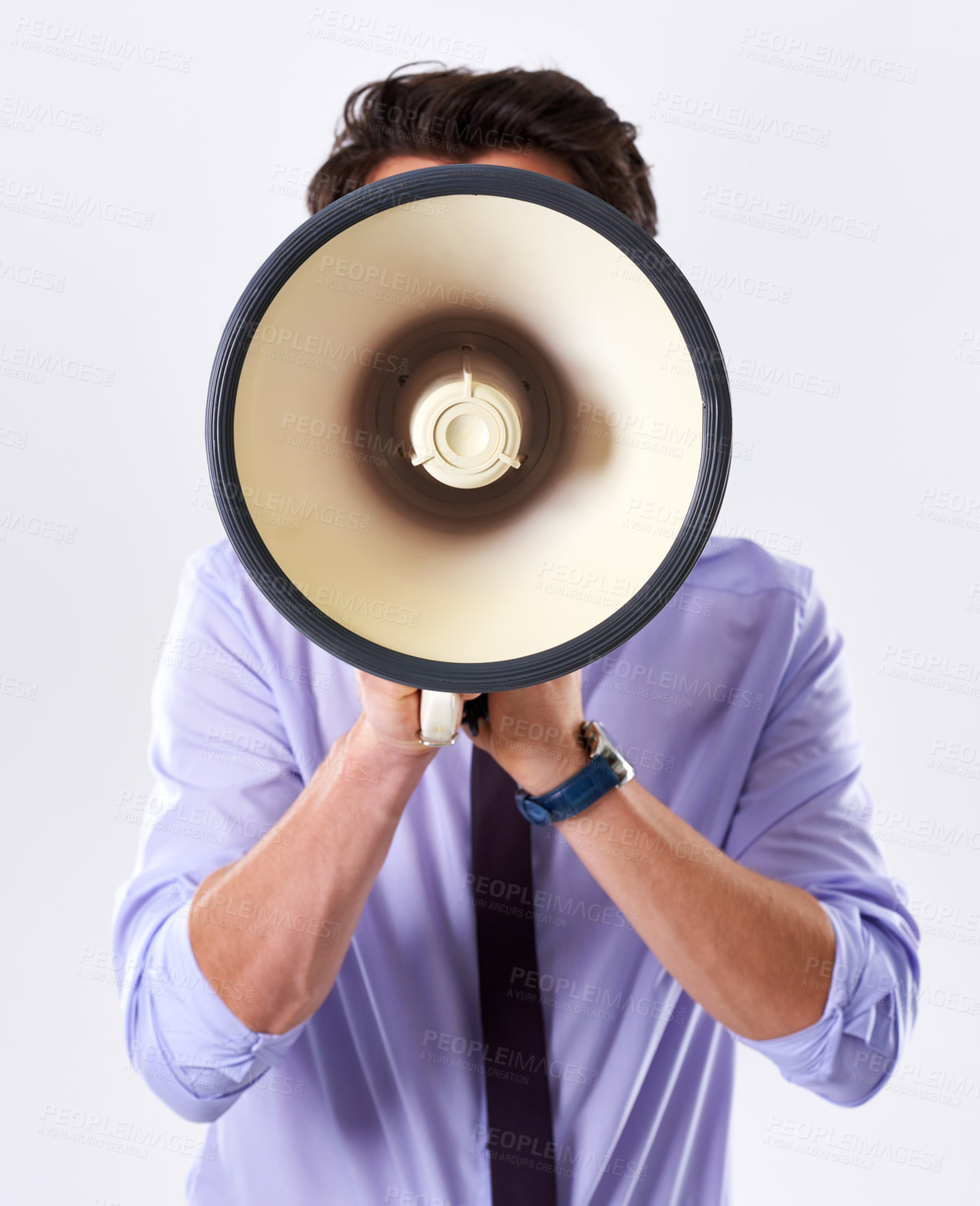 Buy stock photo Business man, noise and megaphone in studio for communication, announcement and breaking news. Employee, loud and loudspeaker on white background for broadcast, warning and corporate information