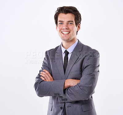 Buy stock photo Businessman, happy and portrait in studio with arms crossed for career pride, corporate law and confidence. Lawyer, professional and employee with mockup for attorney and advisor on white background