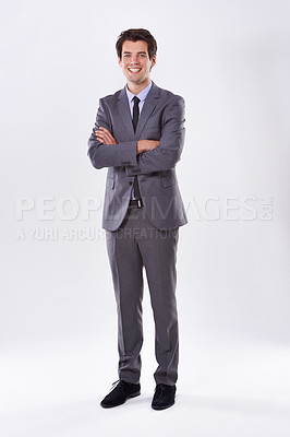 Buy stock photo Business man, portrait and crossed arms for confidence, pride and professional on white background. Corporate lawyer, cool and ambition in studio with suit, success and happiness for career growth