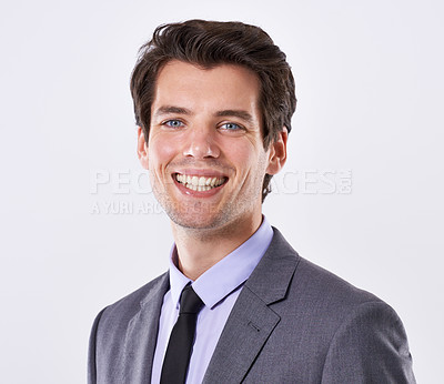 Buy stock photo Business man, portrait and happiness for confidence, pride and professional employee on white background. Corporate lawyer, face and attorney in studio with smile, positivity and friendly for career