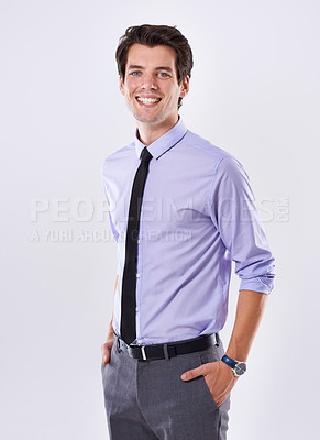 Buy stock photo Business man, portrait and hands in pocket for fashion, clothes and professional on white background. Corporate person, confidence and formal style in studio with smile, face or happy for cool outfit