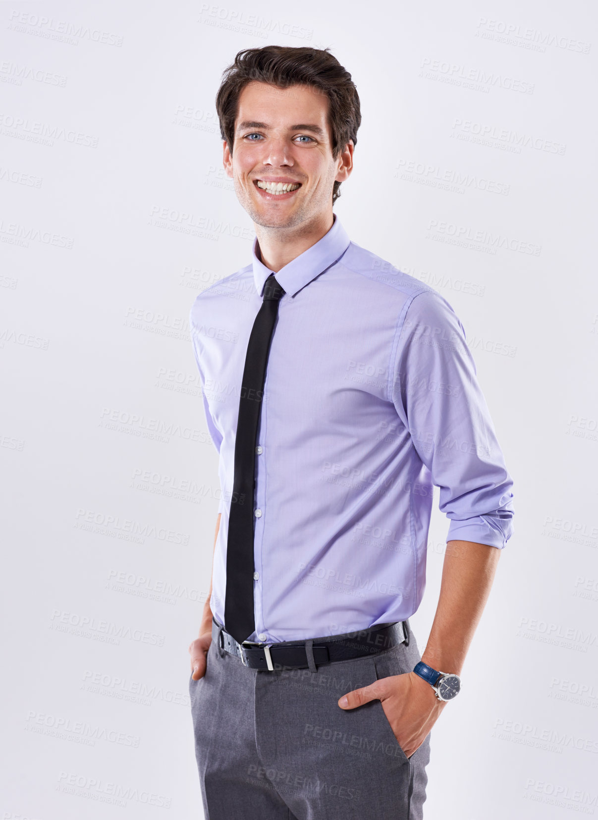 Buy stock photo Business man, portrait and hands in pocket for fashion, clothes and professional on white background. Corporate person, confidence and formal style in studio with smile, face or happy for cool outfit