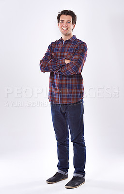 Buy stock photo Portrait, man and fashion with cool, happy and smiling in white background for comfort wear. Male person, style and aesthetic with arms crossed, confidence and overshirt for casual outfit or clothes