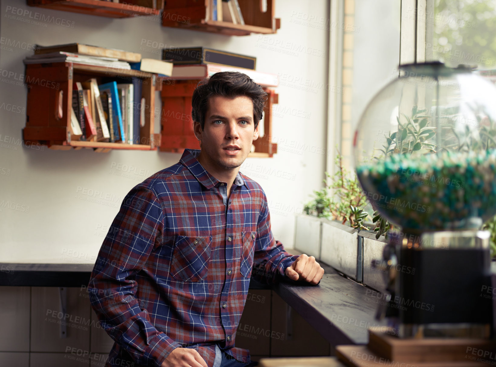 Buy stock photo Man, portrait and customer in cafe for relax, service and calm as client waiting for menu by window. Male person, face and ready in coffee shop as consumer for assistance, chill or order on weekend  