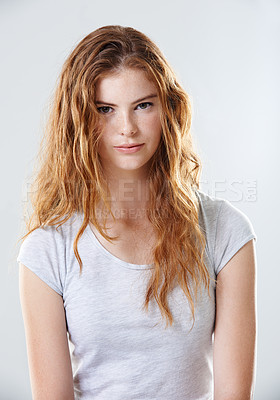 Buy stock photo Portrait, girl and fashion with confidence, hair care or positivity on white background. Female person, style and trendy in studio backdrop, satisfied and casual in outfit, clothes and pride as model