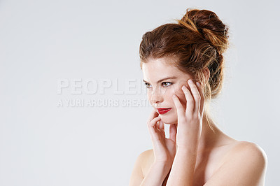 Buy stock photo Woman, touch and thinking in studio for makeup, application and beauty cosmetics with mockup space. Female person, face and vision on white background for lipstick, aesthetic or facial transformation