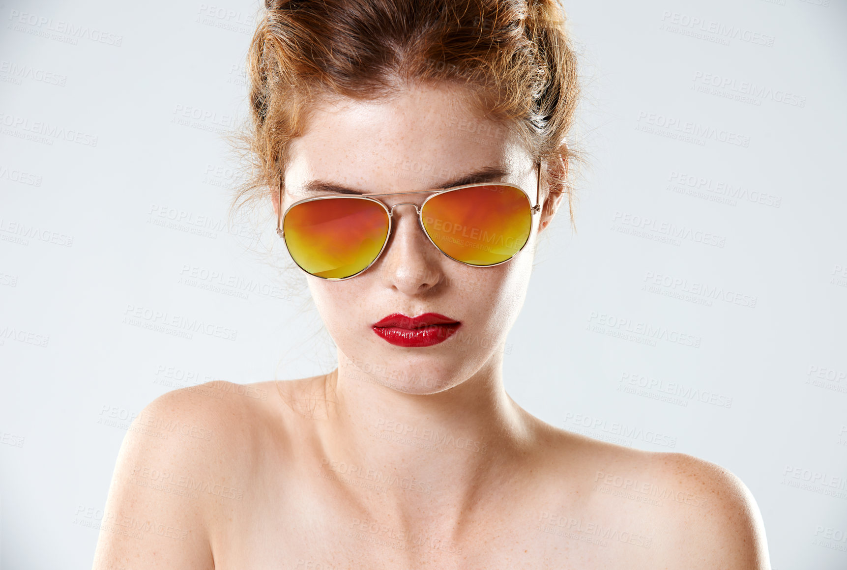 Buy stock photo Studio, woman and portrait with sunglasses for makeup, beauty or cool person with pride for results. Female model, red lipstick or trendy accessory for fashion by white background, satisfied or gen z