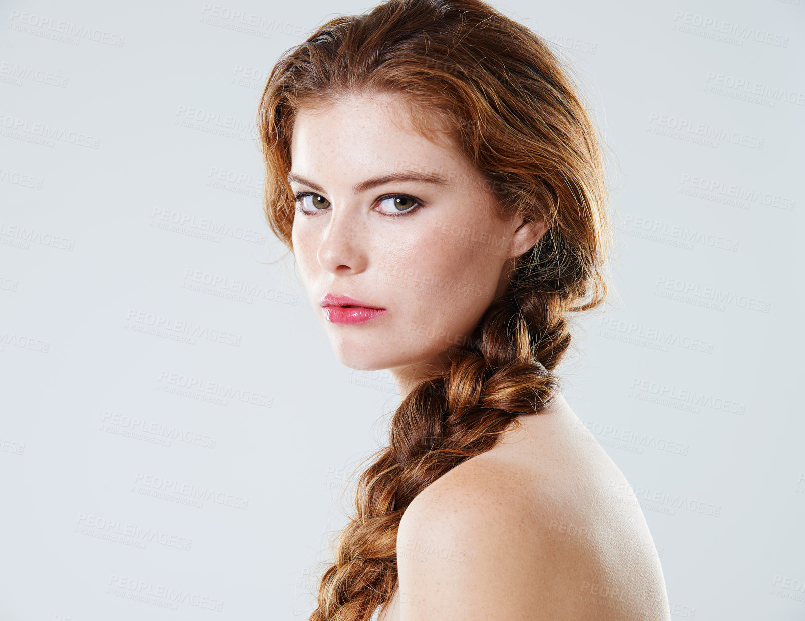 Buy stock photo Woman, portrait and beauty in studio for makeup, application and skin cosmetics with lipstick. Model, face and glow on white background for confidence, aesthetic and facial transformation in Ireland