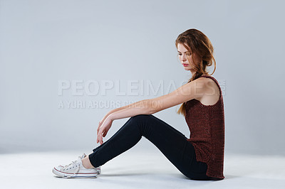 Buy stock photo Student, thinking and sad with woman in studio for mental health, academic pressure and social anxiety. Scholarship, teenager and tired with person with adhd on white background for burnout mockup