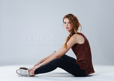 Buy stock photo Student, teenager and portrait of woman in studio for mental health, academic pressure and social anxiety. Scholarship, fatigue and tired with person with adhd on white background for burnout mockup