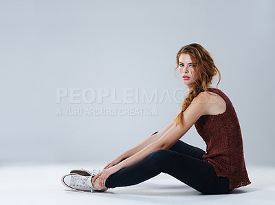 Buy stock photo Student, fail and mockup with portrait of woman in studio for mental health, academic pressure or social anxiety. Scholarship, teenager and tired with person with adhd on white background for burnout