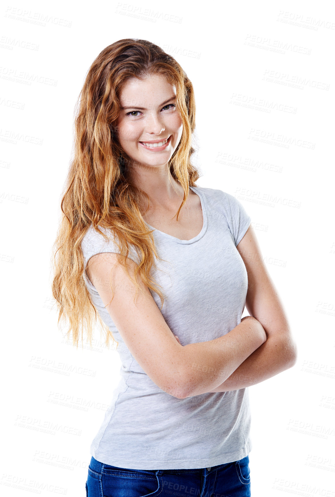 Buy stock photo Portrait, girl and fashion with confidence, hair care or positivity on white background. Female person, style and trendy in arms crossed, happiness and casual in outfit, clothes and pride as student