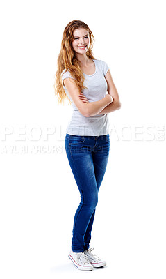 Buy stock photo Portrait, fashion and woman with arms crossed, smile and model isolated on white studio background. Face, person and girl with confidence, pride or gen z with stylish clothes, casual outfit or trendy