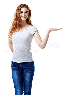 Buy stock photo Student, portrait or hand in studio with offer, product placement or future scholarship. Girl, positive or gesture on white background space for decision, vote or choice for higher education funding