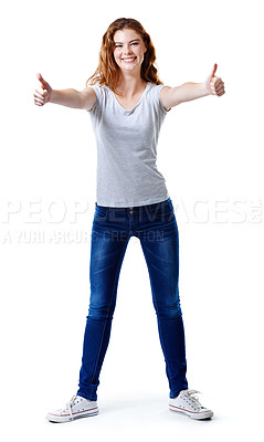 Buy stock photo Girl, portrait and agreement in studio for thumbs up, thank you and happy with satisfaction and approval. Female person, smile and good job on white background for support, yes and like with success