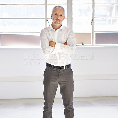 Buy stock photo Portrait of a handsome mature businessman standing with his arms crossed indoors