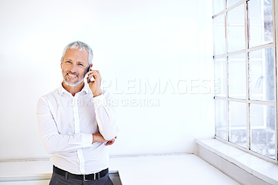 Buy stock photo Portrait of a handsome mature businessman using his mobile phone indoors