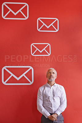 Buy stock photo Mature man, vision and email icon for communication, message and marketing campaign n office. Manager, business and envelopes in workplace for networking, thinking and customer service with idea