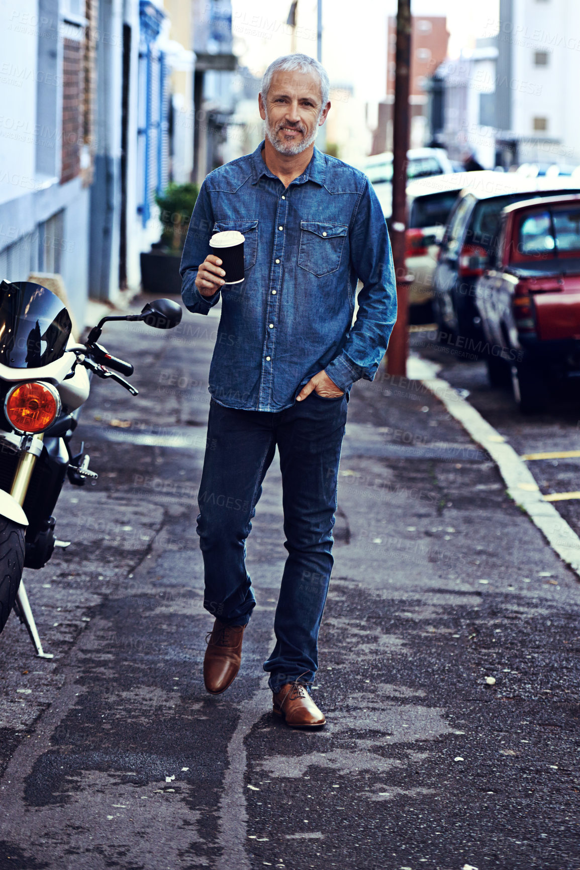 Buy stock photo Mature man, portrait and street with coffee in city for morning walking in an urban town. Senior, male person and caffeine on sidewalk for breakfast, latte or cappuccino on outdoor road or asphalt